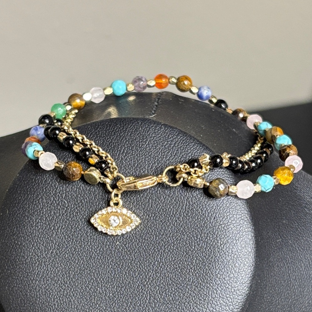 LA CN Multi Strand Evil Eye Gemstone Rhinestone Dainty Bracelet